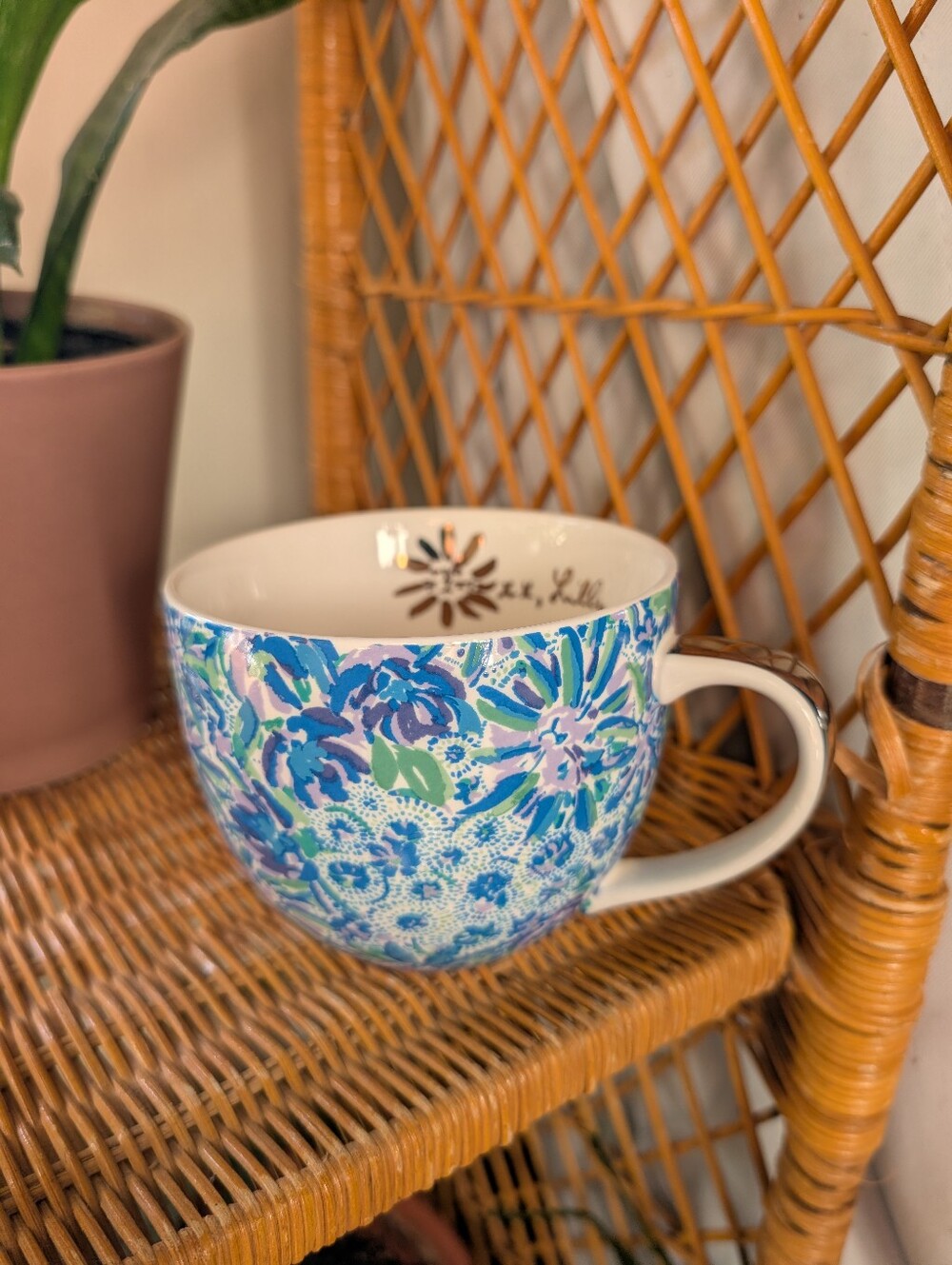 Lilly Pulitzer Gold Handle Lion Blue Floral Coffee Mug High Maintenance 12oz